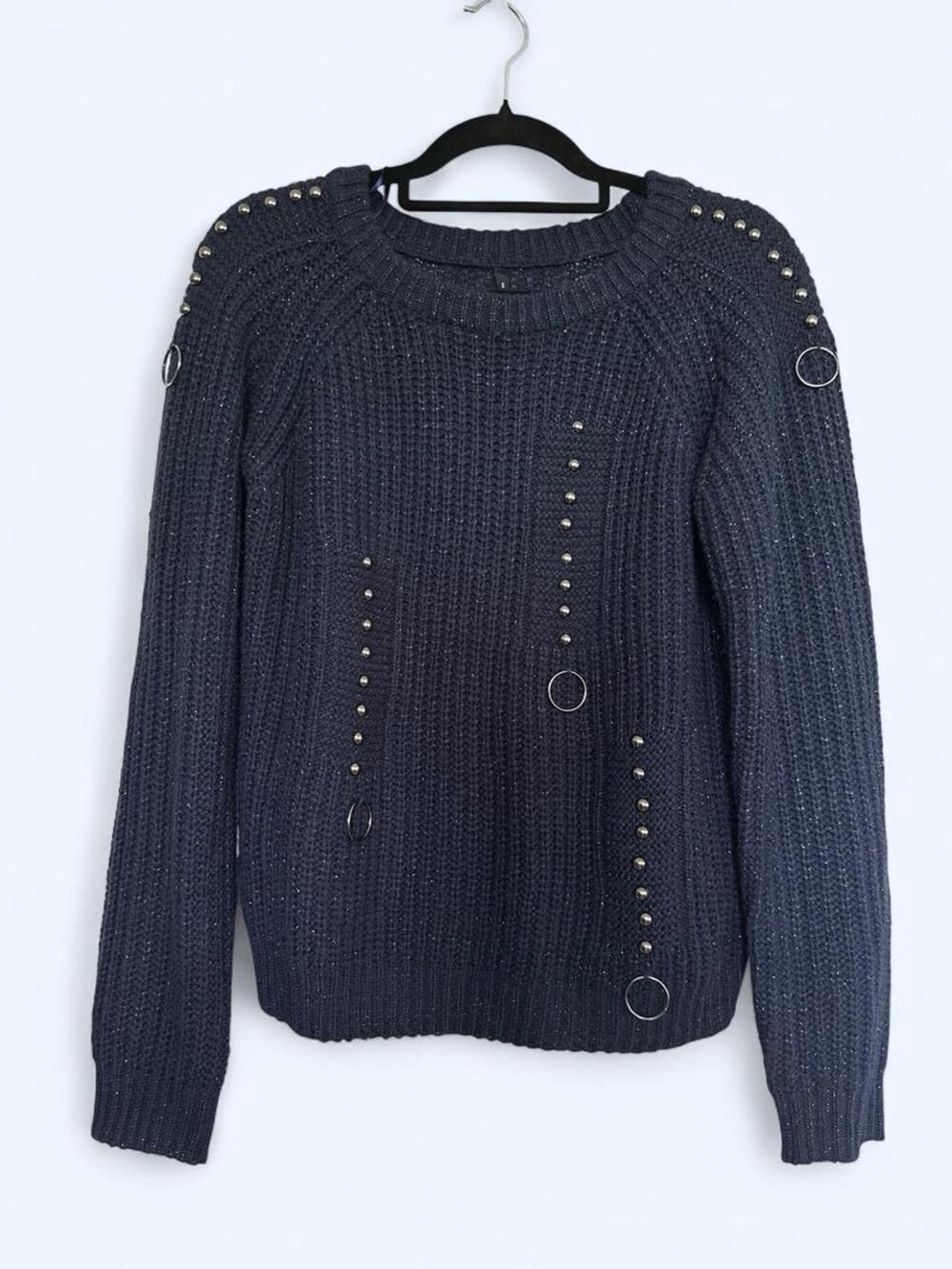 Smash! Navy Metallic Knit Studded Ring Accent Sweater XS